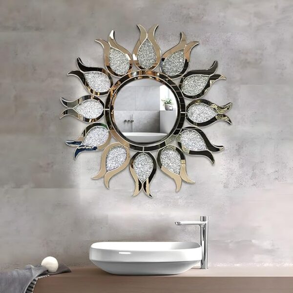 Crystal Decorative Mirror | Crushed Round Silver Mirror | Fashionable Home Decor for Bedroom, Bathroom, Dining Room & Living Room