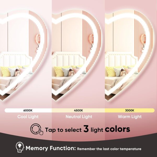 24x24 Heart LED Vanity Mirror with Lights | Large Lighted, Wall-Mounted, Smart Touch, Dimmable 3-Color Lighting | Unique Mirror & Washbasin Design - Image 2