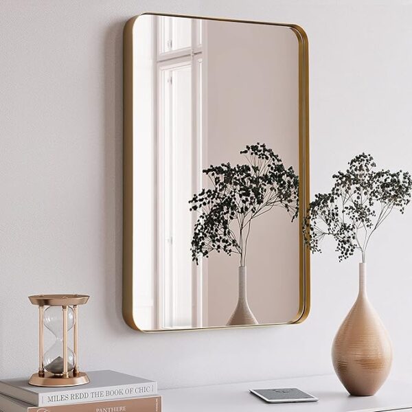 18x24 Inch Rectangle Metal Frame Wall Mirror | Rounded Corners, Gold Frame - Image 3