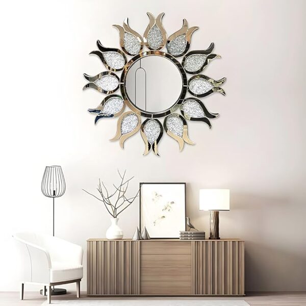 Crystal Decorative Mirror | Crushed Round Silver Mirror | Fashionable Home Decor for Bedroom, Bathroom, Dining Room & Living Room - Image 3
