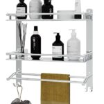 Stainless Steel Double Layer Shelf with Towel Rod - Bathroom Organizer Shelf for Optimal Storage, with Sleek Chrome Finish - Durable Bathroom Accessories and Fittings (5D X 15W X 18H Inch)