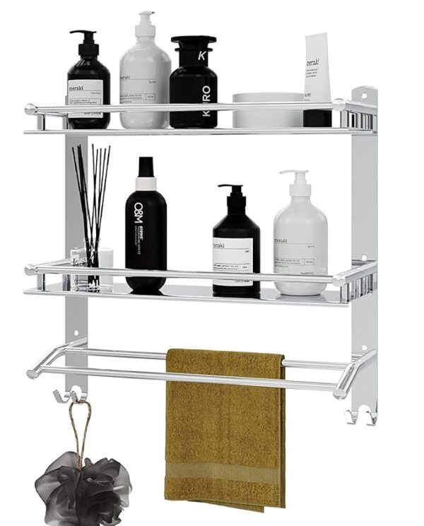 Stainless Steel Double Layer Shelf with Towel Rod - Bathroom Organizer Shelf for Optimal Storage, with Sleek Chrome Finish - Durable Bathroom Accessories and Fittings (5D X 15W X 18H Inch)