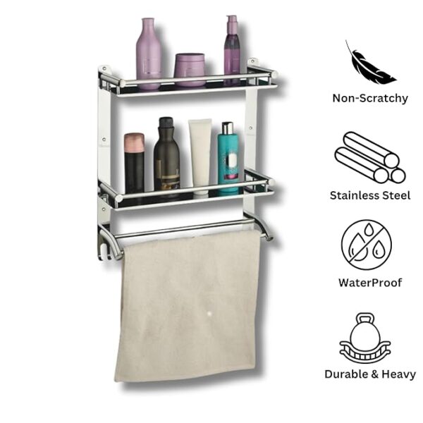 Stainless Steel Double Layer Shelf with Towel Rod - Bathroom Organizer Shelf for Optimal Storage, with Sleek Chrome Finish - Durable Bathroom Accessories and Fittings (5D X 15W X 18H Inch) - Image 2